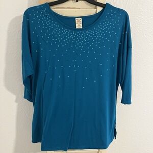 ✨Faded Glory Women Top 1X Teal Blouse Sequin 3/4 Sleeve Scoop Neck Tunic✨